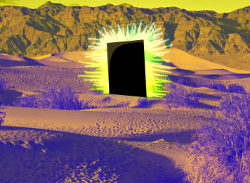 a desert. The shadows are tinted in blue and the yellow sunlight of the setting sun paint long shadows on the ground. There are rocky mountains in the background. Some shrubs here and there. In the middle of the picture, a black monolith stands. Around it, a white greenish aura shines.